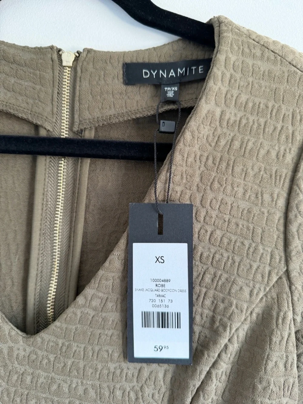 Dynamite Olive Textured Bodycon Dress | Zip Back | Short Sleeve | XS - Picture 3 of 4